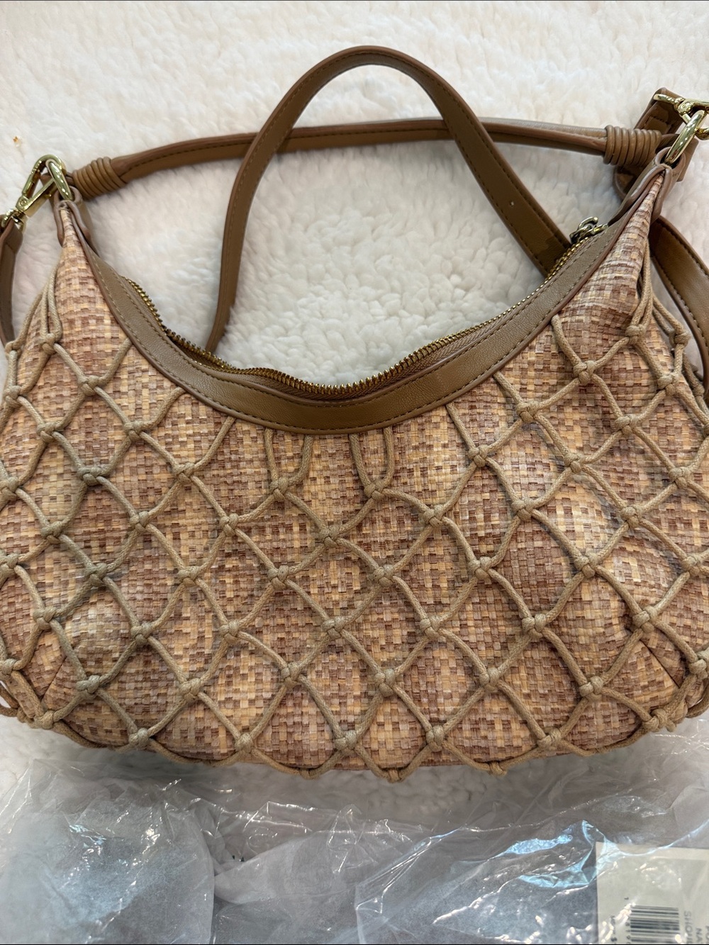 Dolce Vita Tan Woven Shoulder Bag with Knotted Net Overlay
